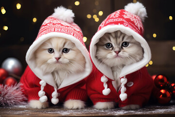 Cute cats in Christmas suits sit near the Christmas tree. Lights, holiday spirit. Generative AI.