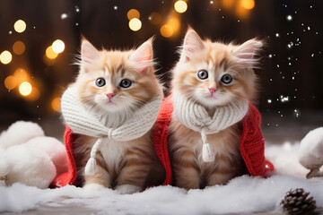 Cute cats in Christmas suits sit near the Christmas tree. Lights, holiday spirit. Generative AI.