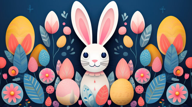 illustration d'un lapin blanc au milieu d'un d&eacute;cor floral pour P&acirc;ques