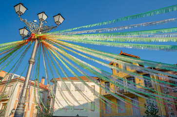 Streets in the village of Miraflores de la Sierra, Spain, decorated during its local feasts