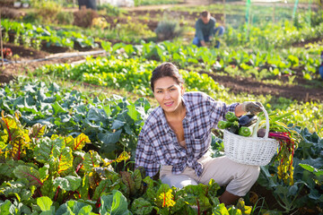 Woman with basket of ripe vegetables on farm field