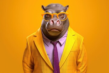 Confident cool hippo dressed as a spy on bright background - obrazy, fototapety, plakaty