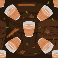 Editable Vector Illustration Seamless Pattern of Indian Masala Chai in Glass Mug with Assorted Herb Spices With Dark Background for South Asian Beverages Culture and Tradition