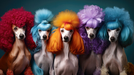 Three French poodles with colorful hair styles