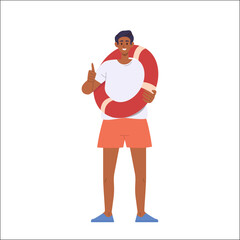 Beach lifeguards professional worker cartoon character wearing swimsuit holding ring lifesaver buoy