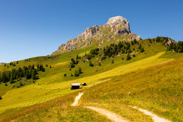 Scenic view of Peitlerkofel with wooden houses, green trees and grand mountain range