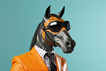 confident cool horse dressed as a spy on bright background - obrazy, fototapety, plakaty