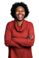 African american woman with afro hair with arms crossed gesture smiling and laughing hard out loud...