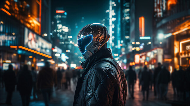 futuristic humans and robots in a city at night with neon light surroundings, AI, artificial intelligence concept, future world concept