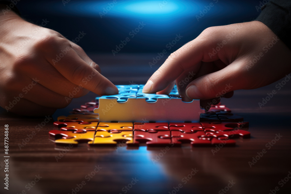 Poster a pair of hands assembling a jigsaw puzzle with the words 