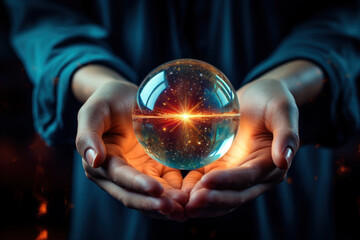 A pair of hands holding a crystal ball, symbolizing the anticipation and mystery surrounding the future. Concept of foresight and prediction. Generative Ai.