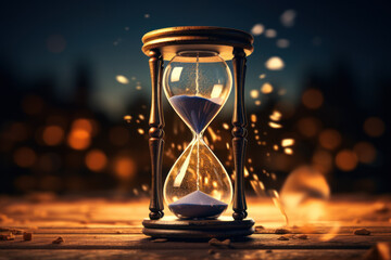 A vintage hourglass with sand slowly trickling down, marking the passage of time into the new year. Concept of temporal transition. Generative Ai.