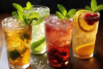 Fototapeta premium Glasses of Lemonade with Different Fruits on Table