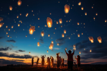 A group of friends releasing sky lanterns into the night sky, creating a beautiful display of floating lights. Concept of shared aspirations and dreams. Generative Ai.