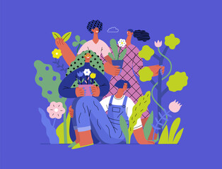 Greenery, ecology -modern flat vector concept illustration of people surrounded by plants and flowers. Metaphor of environmental sustainability and protection, closeness to nature