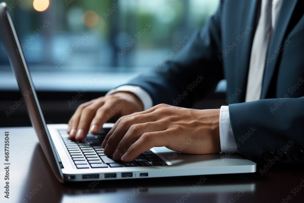 Poster a close-up of a businessman's hands typing on a sleek keyboard, emphasizing the importance of digita