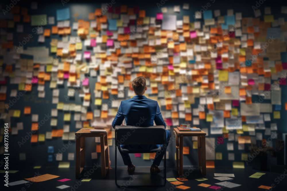 Poster a businessman in a brainstorming session, surrounded by sticky notes and whiteboard sketches. concep