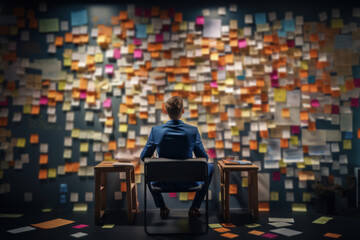 A businessman in a brainstorming session, surrounded by sticky notes and whiteboard sketches. Concept of creative problem-solving. Generative Ai.
