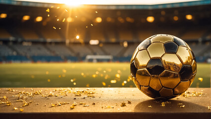 Golden soccer ball against the backdrop of an empty stadium - obrazy, fototapety, plakaty