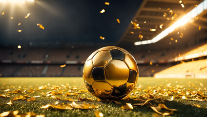 Golden soccer ball against the backdrop of an empty stadium - obrazy, fototapety, plakaty