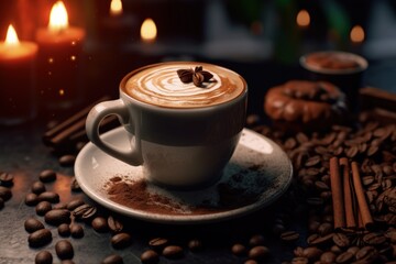 Coffee Cup on Saucer and Scattered Coffee Beans on Dark Background