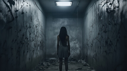 Fototapeta na wymiar Girl stands in dark scary room alone, back view of young woman in spooky creepy place. Female person like in thriller or horror movie. Concept of terror, victim, crime, cinematic