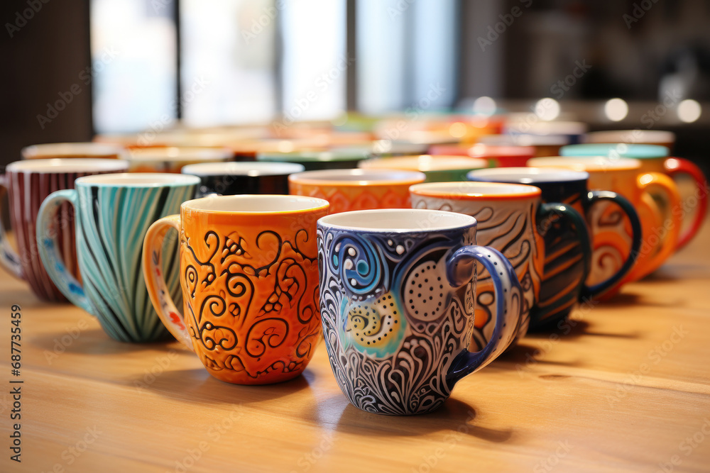Poster a collection of colorful ceramic mugs with various patterns, adding a touch of personality to a cozy