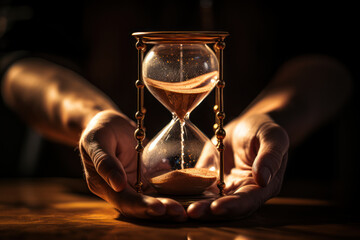 A pair of hands holding a classic hourglass with sand slowly slipping through, signifying the relentless passage of time. Concept of temporal awareness. Generative Ai. - obrazy, fototapety, plakaty