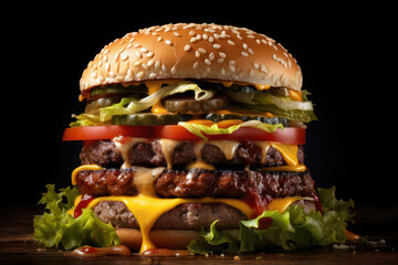 A towering burger with layers of succulent beef, melted cheese, and crisp lettuce, promising a satisfying bite. Concept of hearty fast food. Generative Ai.