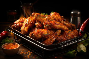 Fototapeta premium A sizzling, golden-brown chicken wing basket, exuding the enticing aroma of spicy indulgence. Concept of fiery flavor. Generative Ai.