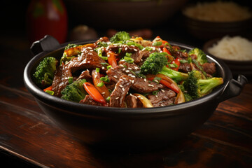 A mouthwatering bowl of beef and vegetable stir-fry, showcasing the fusion of flavors in fast-casual dining. Concept of international influence. Generative Ai.