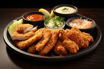 Fototapeta premium A plate of crispy chicken tenders served with a variety of dipping sauces, offering a satisfying crunch in every bite. Concept of crispy indulgence. Generative Ai.