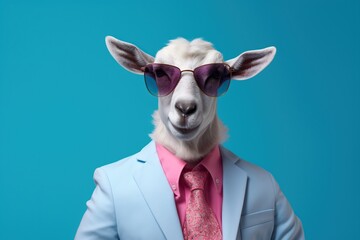 Self confident cool goat dressed as a spy on bright background