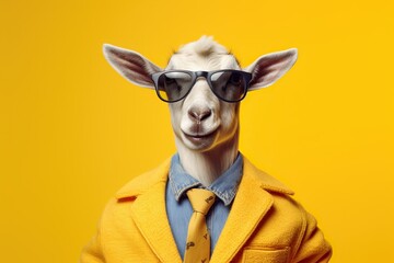 Self confident cool goat dressed as a spy on bright background - obrazy, fototapety, plakaty