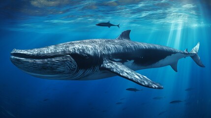 Majestic Blue Whale Swimming in Ocean Depths. Generative ai