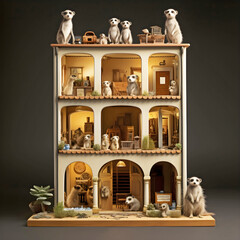 Meerkats living in dolls house, ai generated.