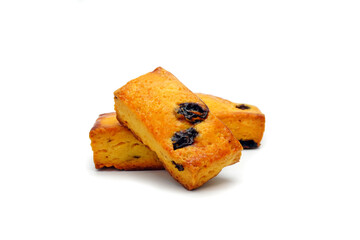 Raisin scones isolated on white background. Bakery, pastry, shortbread cookies, food isolate