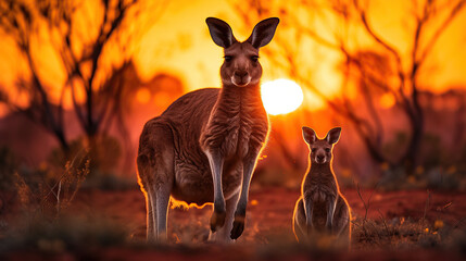 Kangaroo and Joey Silhouetted Against the Fiery Australian Outback Sunset. - obrazy, fototapety, plakaty
