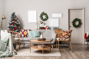 Cozy living room decorated for Christmas with stylish interior design