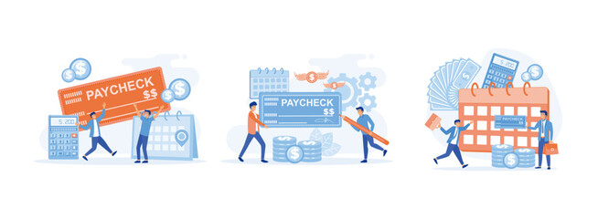 Paycheck cash. Man with Ink Pen for Signing. People Get Cash Salary Payment with Company Bank Check, Payroll. Happy male worker getting salary, Payroll. Paycheck set flat vector modern illustration