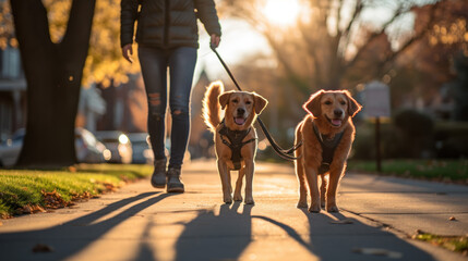 Dog Walker Managing Multiple Leashes on a Morning Sidewalk Stroll. - obrazy, fototapety, plakaty