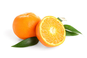 Sweet mandarins with leaves on white background