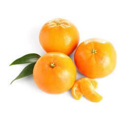 Sweet mandarins with leaves on white background