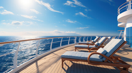 Luxury Cruise Ship Deck with Lounge Chairs and Ocean Horizon. - obrazy, fototapety, plakaty