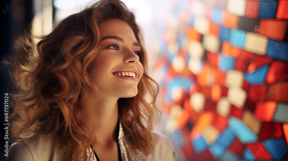 Wall mural Portrait of young european fashionable female model, shot from the side, smiling, looking to the side, vibrant abstract mosaic tiles background