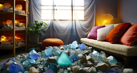 living room interior with healing crystals, ai generated.