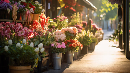 Flower Shop with Colorful Blooms Spilling onto the Sidewalk - obrazy, fototapety, plakaty