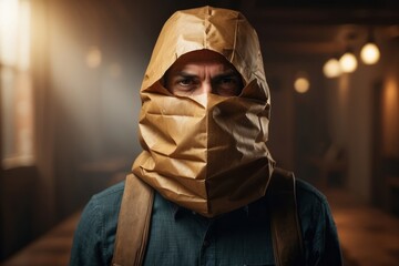 A man whose head is covered with a paper bag - obrazy, fototapety, plakaty