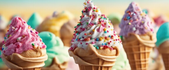 Fototapeta na wymiar A delicious ice cream cone is topped with a variety of flavors and colorful sprinkles