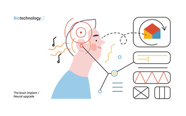 Bio Technology, Brain implant, Neural upgrade -modern flat vector concept illustration of brain implant, integration, enhanced cognitive abilities. Pushing boundaries of potential, neural upgrades